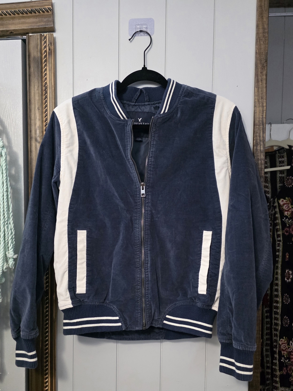 American Eagle Outfitters Navy and Cream Corduroy Bomber Jacket